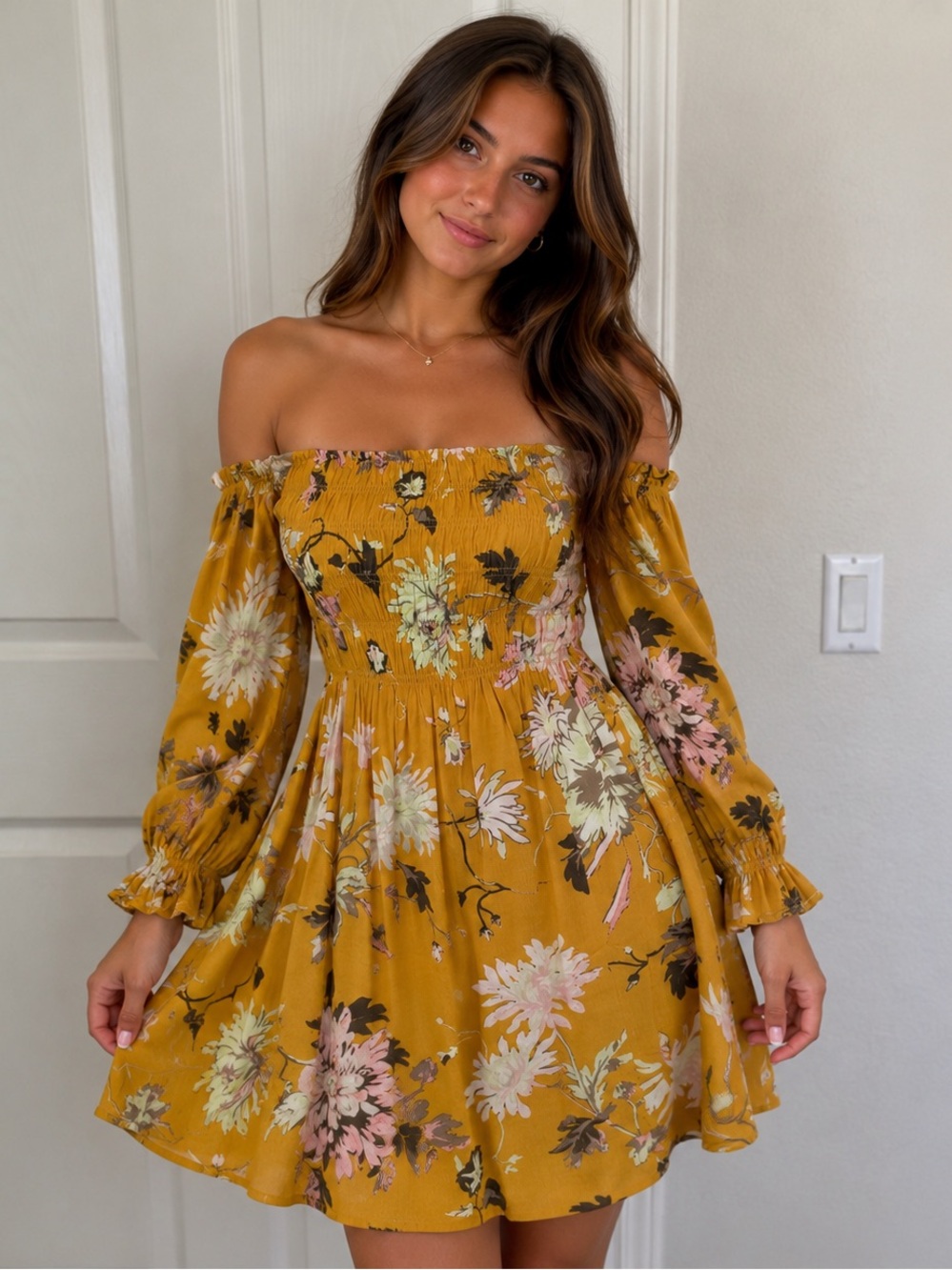 H&M Mustard Floral Square-Neck Midi Dress